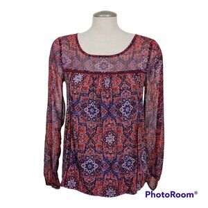Lucky Brand Semi Sheer Blouse Womens Small Red Batik Ethnic Boho Long Sleeve